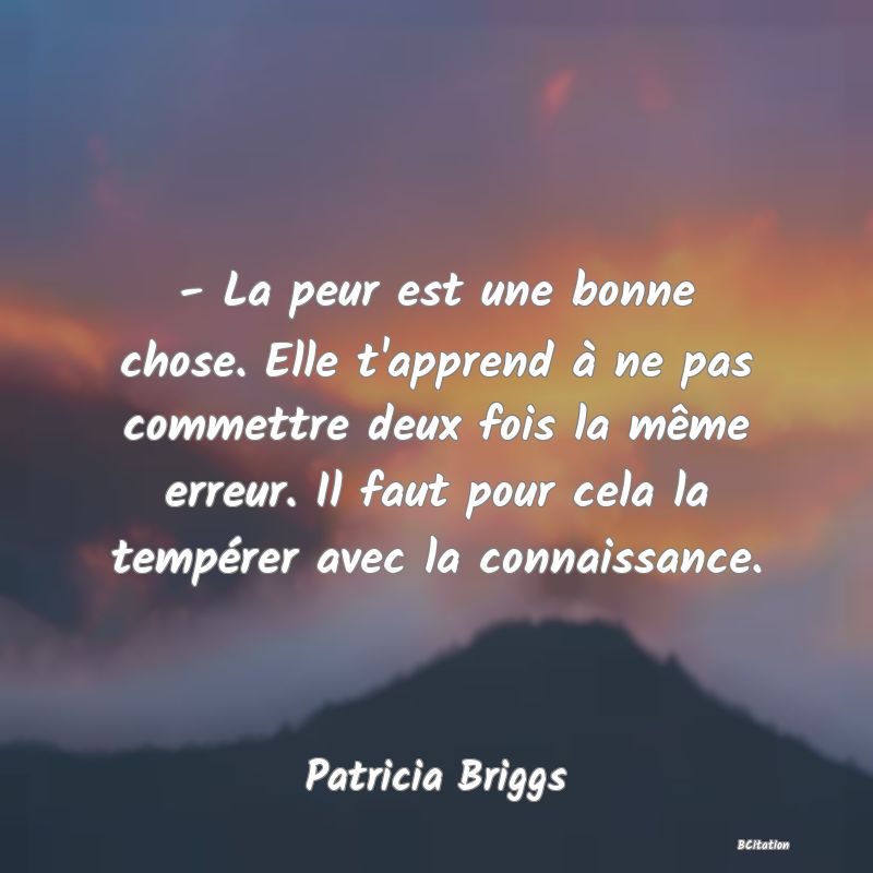 image de citation: - La peur est une bonne chose. Elle t'apprend à ne pas commettre deux fois la même erreur. Il faut pour cela la tempérer avec la connaissance.