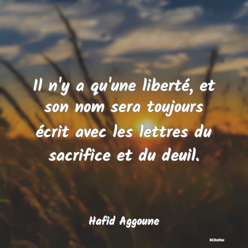 image de citation: Il n'y a qu'une liberté, et son nom sera toujours écrit avec les lettres du sacrifice et du deuil.