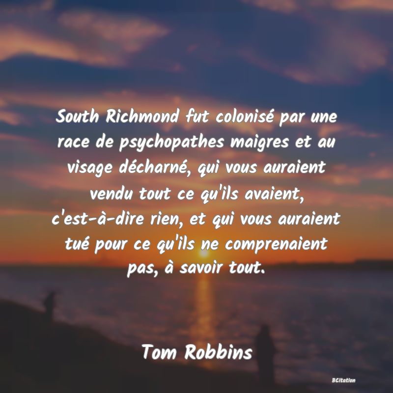 image de citation: South Richmond fut colonisé par une race de psychopathes maigres et au visage décharné, qui vous auraient vendu tout ce qu'ils avaient, c'est-à-dire rien, et qui vous auraient tué pour ce qu'ils ne comprenaient pas, à savoir tout.