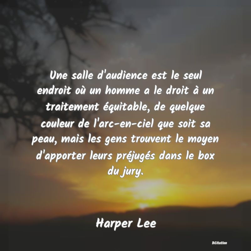 image de citation: Une salle d'audience est le seul endroit où un homme a le droit à un traitement équitable, de quelque couleur de l'arc-en-ciel que soit sa peau, mais les gens trouvent le moyen d'apporter leurs préjugés dans le box du jury.