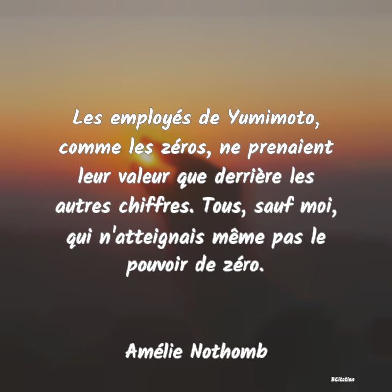 image de citation: Les employés de Yumimoto, comme les zéros, ne prenaient leur valeur que derrière les autres chiffres. Tous, sauf moi, qui n'atteignais même pas le pouvoir de zéro.