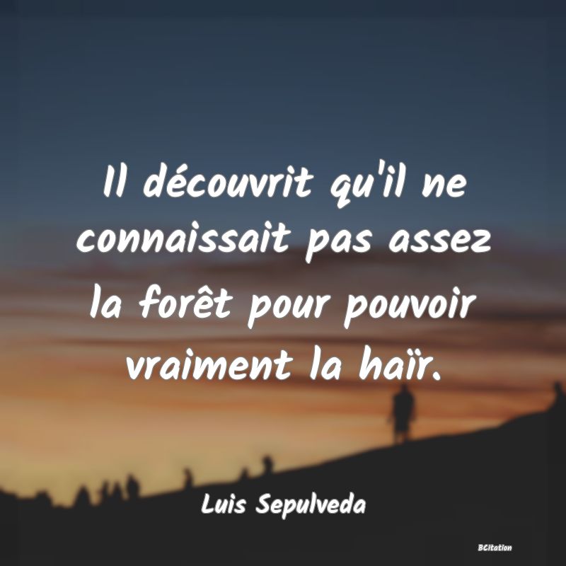 Belle Citation - Il découvrit qu'il ne connaissait pas assez la forêt pour pouvoir vraiment la haïr. - Luis Sepulveda