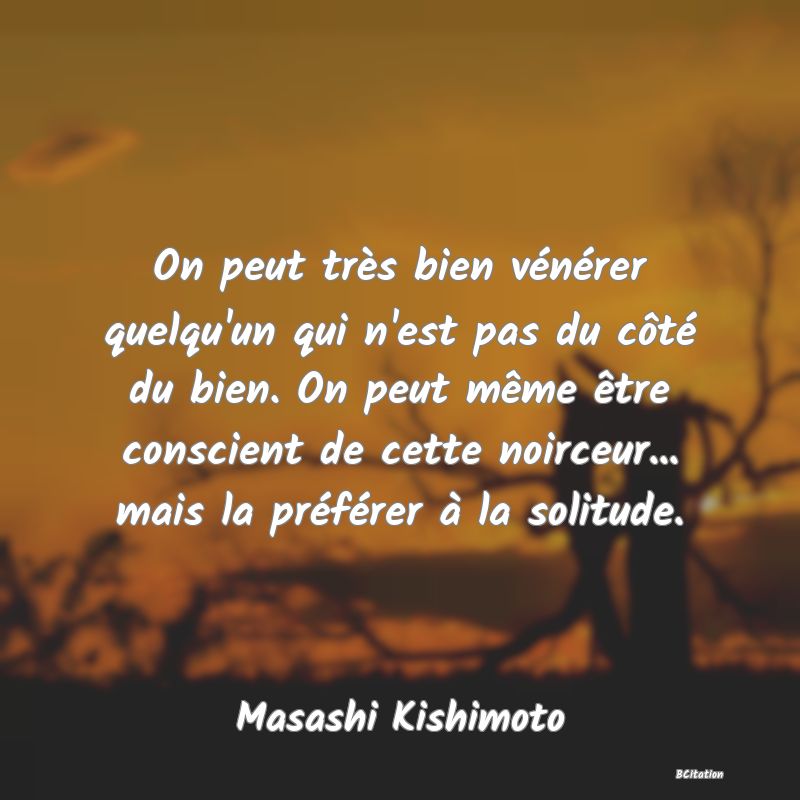 image de citation: On peut très bien vénérer quelqu'un qui n'est pas du côté du bien. On peut même être conscient de cette noirceur... mais la préférer à la solitude.