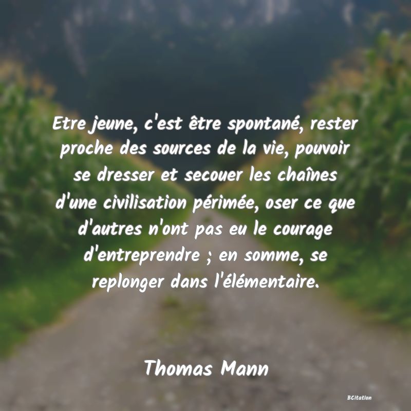 image de citation: Etre jeune, c'est être spontané, rester proche des sources de la vie, pouvoir se dresser et secouer les chaînes d'une civilisation périmée, oser ce que d'autres n'ont pas eu le courage d'entreprendre ; en somme, se replonger dans l'élémentaire.