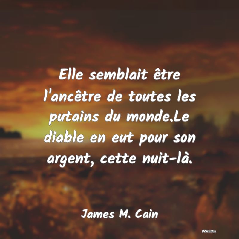 image de citation: Elle semblait être l'ancêtre de toutes les putains du monde.Le diable en eut pour son argent, cette nuit-là.