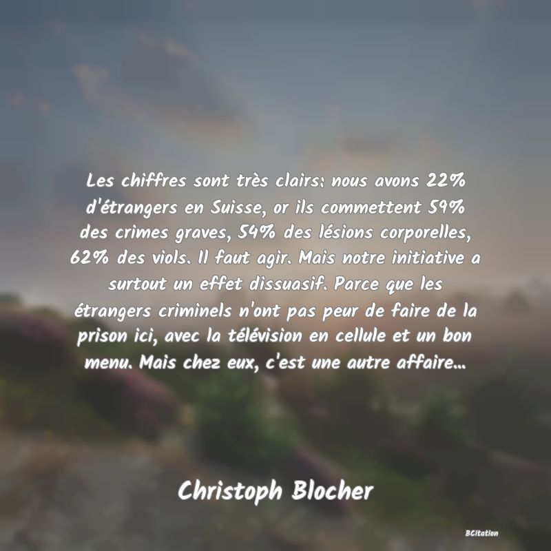 image de citation: Les chiffres sont très clairs: nous avons 22% d'étrangers en Suisse, or ils commettent 59% des crimes graves, 54% des lésions corporelles, 62% des viols. Il faut agir. Mais notre initiative a surtout un effet dissuasif. Parce que les étrangers criminels n'ont pas peur de faire de la prison ici, avec la télévision en cellule et un bon menu. Mais chez eux, c'est une autre affaire...