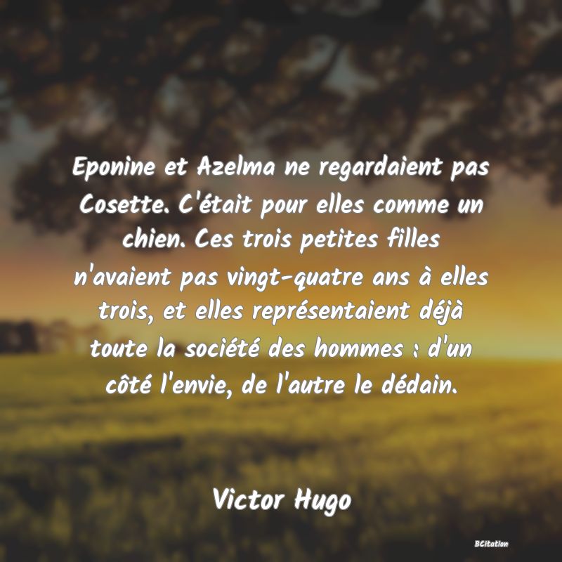 image de citation: Eponine et Azelma ne regardaient pas Cosette. C'était pour elles comme un chien. Ces trois petites filles n'avaient pas vingt-quatre ans à elles trois, et elles représentaient déjà toute la société des hommes : d'un côté l'envie, de l'autre le dédain.