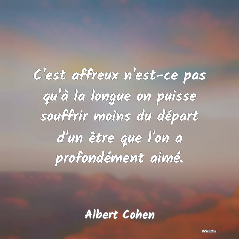 image de citation: C'est affreux n'est-ce pas qu'à la longue on puisse souffrir moins du départ d'un être que l'on a profondément aimé.