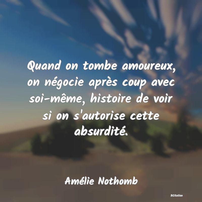 image de citation: Quand on tombe amoureux, on négocie après coup avec soi-même, histoire de voir si on s'autorise cette absurdité.