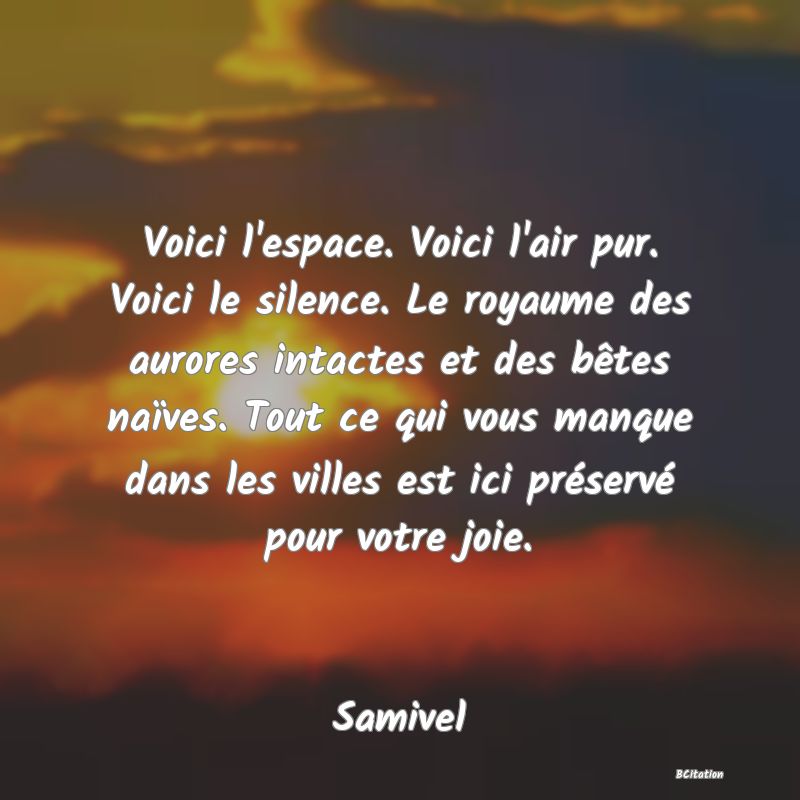 image de citation: Voici l'espace. Voici l'air pur. Voici le silence. Le royaume des aurores intactes et des bêtes naïves. Tout ce qui vous manque dans les villes est ici préservé pour votre joie.