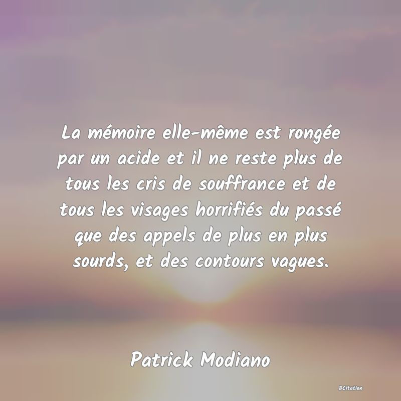 image de citation: La mémoire elle-même est rongée par un acide et il ne reste plus de tous les cris de souffrance et de tous les visages horrifiés du passé que des appels de plus en plus sourds, et des contours vagues.