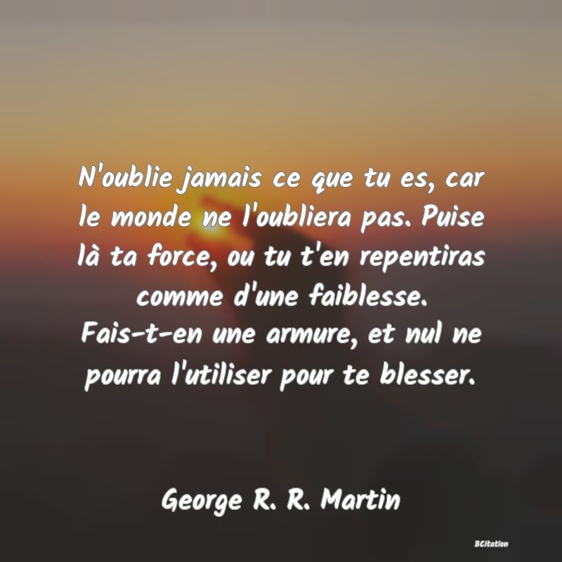 image de citation: N'oublie jamais ce que tu es, car le monde ne l'oubliera pas. Puise là ta force, ou tu t'en repentiras comme d'une faiblesse. Fais-t-en une armure, et nul ne pourra l'utiliser pour te blesser.