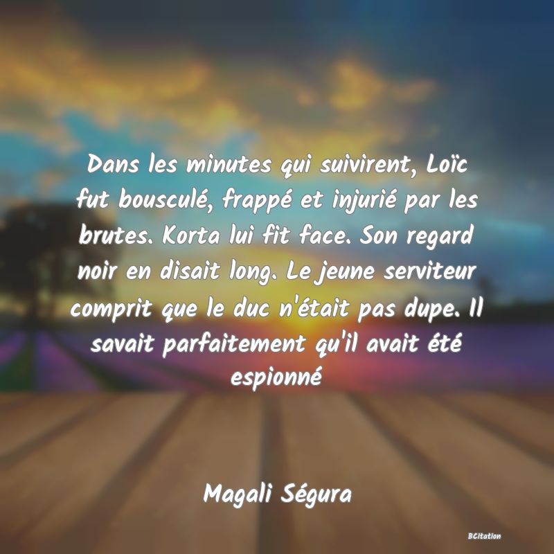 image de citation: Dans les minutes qui suivirent, Loïc fut bousculé, frappé et injurié par les brutes. Korta lui fit face. Son regard noir en disait long. Le jeune serviteur comprit que le duc n'était pas dupe. Il savait parfaitement qu'il avait été espionné