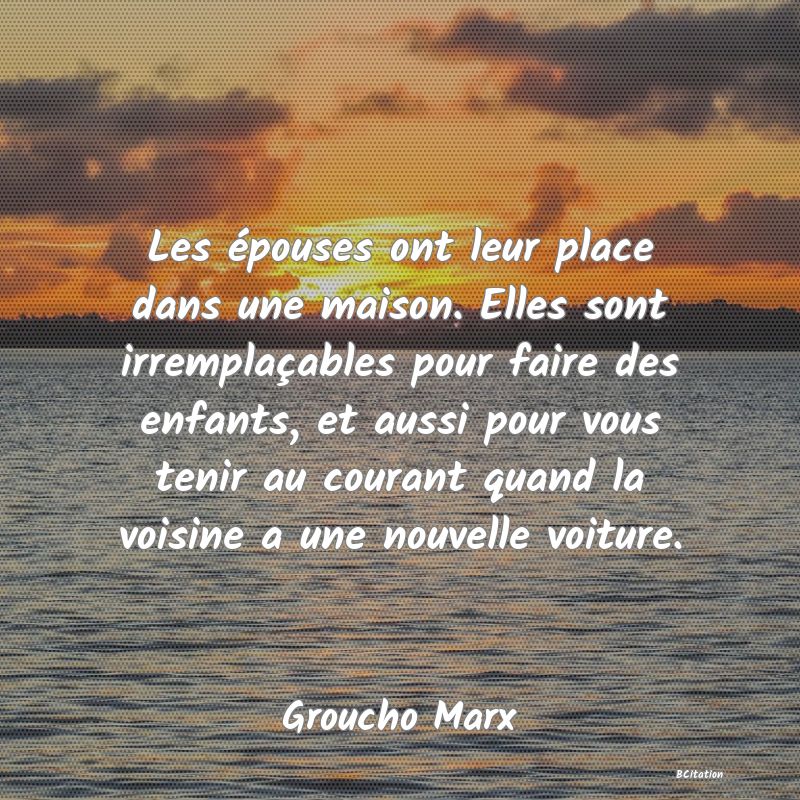 image de citation: Les épouses ont leur place dans une maison. Elles sont irremplaçables pour faire des enfants, et aussi pour vous tenir au courant quand la voisine a une nouvelle voiture.