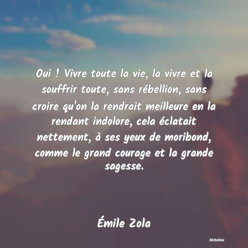 image de citation: Oui ! Vivre toute la vie, la vivre et la souffrir toute, sans rébellion, sans croire qu'on la rendrait meilleure en la rendant indolore, cela éclatait nettement, à ses yeux de moribond, comme le grand courage et la grande sagesse.