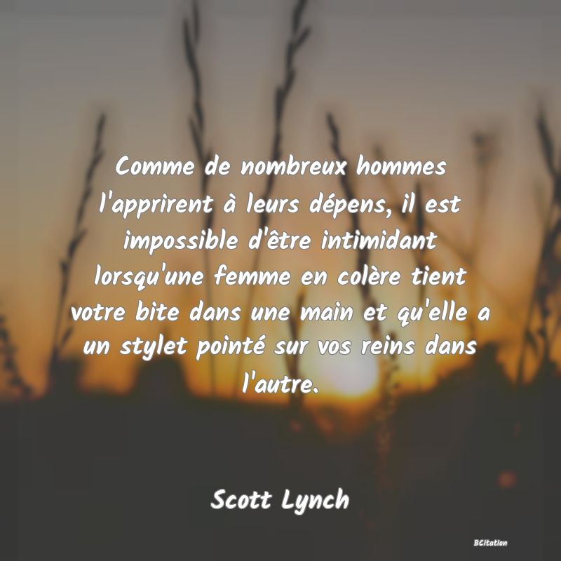 image de citation: Comme de nombreux hommes l'apprirent à leurs dépens, il est impossible d'être intimidant lorsqu'une femme en colère tient votre bite dans une main et qu'elle a un stylet pointé sur vos reins dans l'autre.