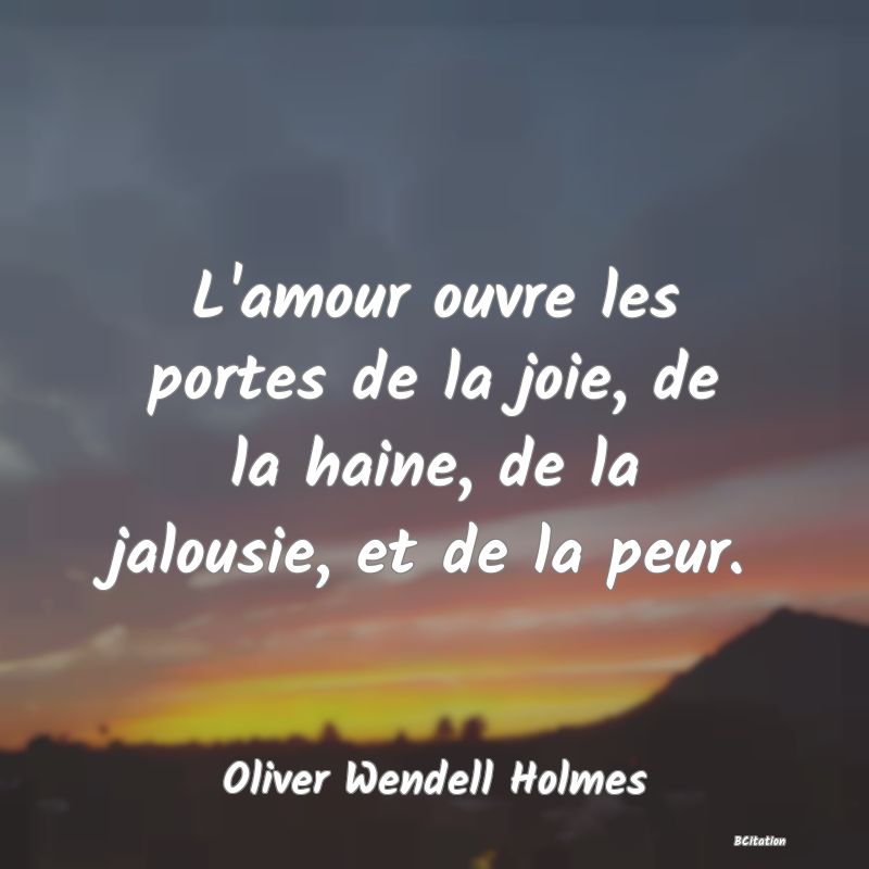 image de citation: L'amour ouvre les portes de la joie, de la haine, de la jalousie, et de la peur.