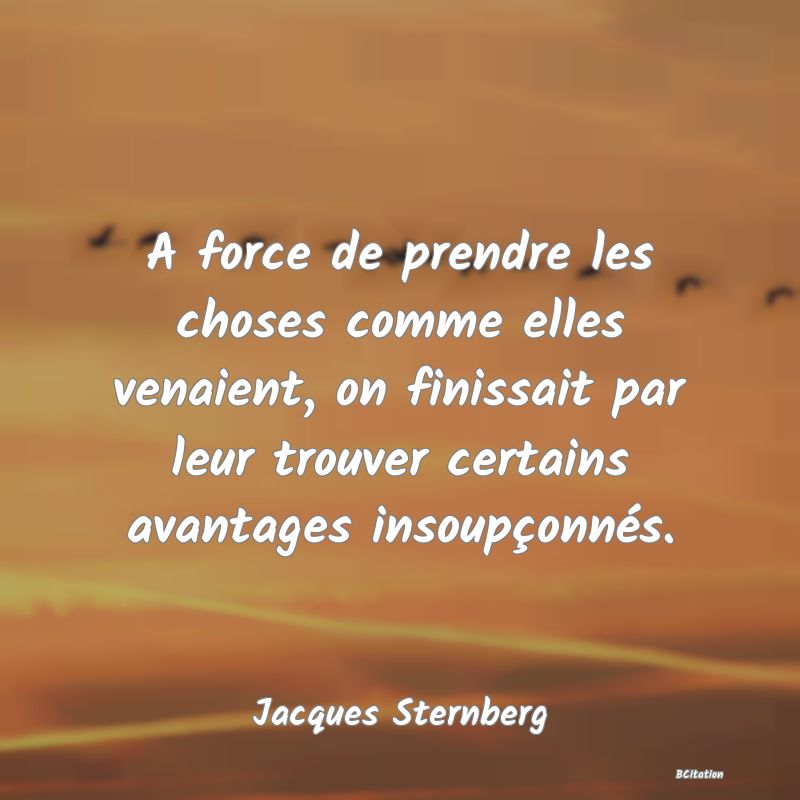 image de citation: A force de prendre les choses comme elles venaient, on finissait par leur trouver certains avantages insoupçonnés.