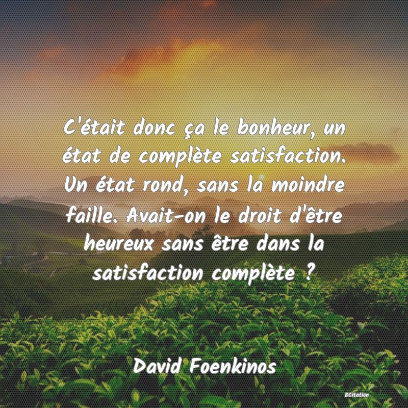 Belle Citation - C'était donc ça le bonheur, un état de complète satisfaction. Un état rond, sans la moindre faille. Avait-on le droit d'être heureux sans être dans la satisfaction complète ? - David Foenkinos