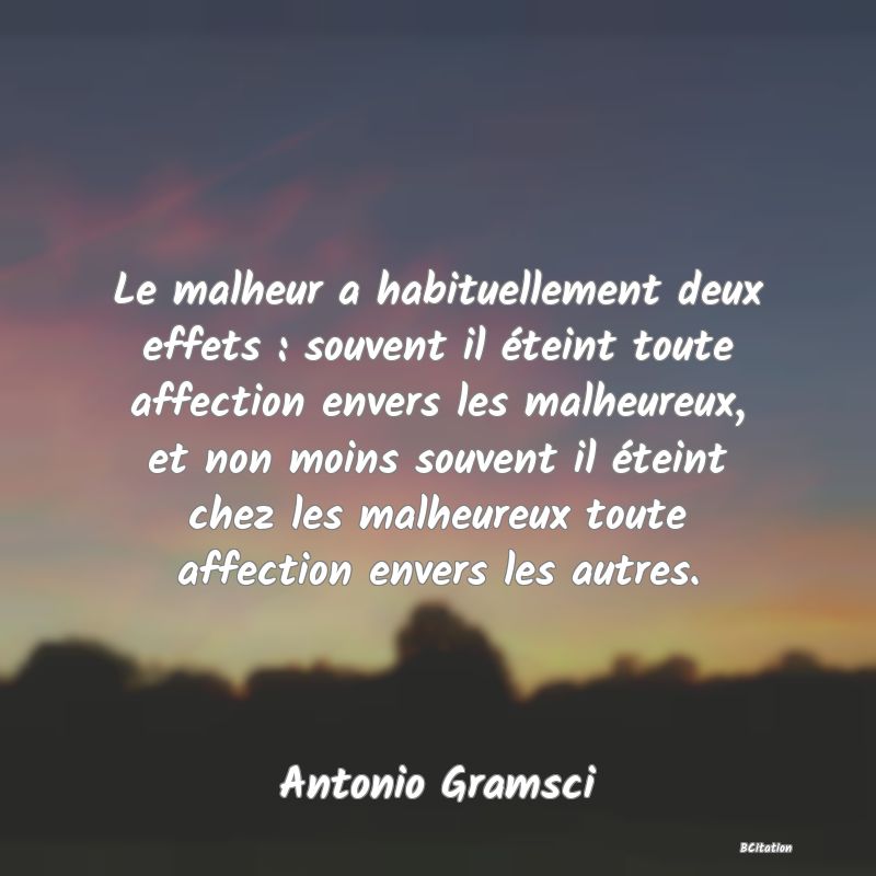 image de citation: Le malheur a habituellement deux effets : souvent il éteint toute affection envers les malheureux, et non moins souvent il éteint chez les malheureux toute affection envers les autres.