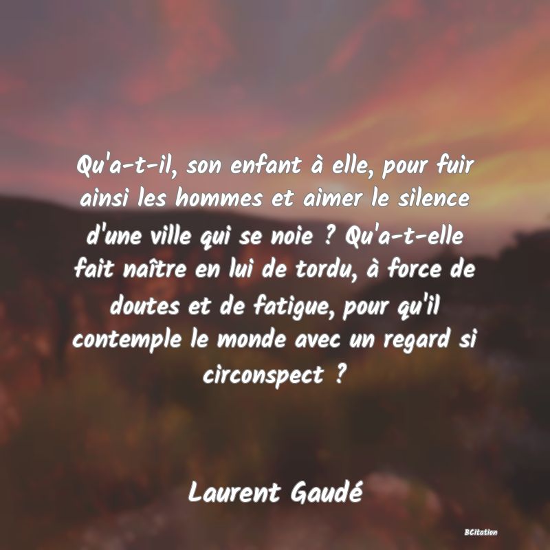 image de citation: Qu'a-t-il, son enfant à elle, pour fuir ainsi les hommes et aimer le silence d'une ville qui se noie ? Qu'a-t-elle fait naître en lui de tordu, à force de doutes et de fatigue, pour qu'il contemple le monde avec un regard si circonspect ?