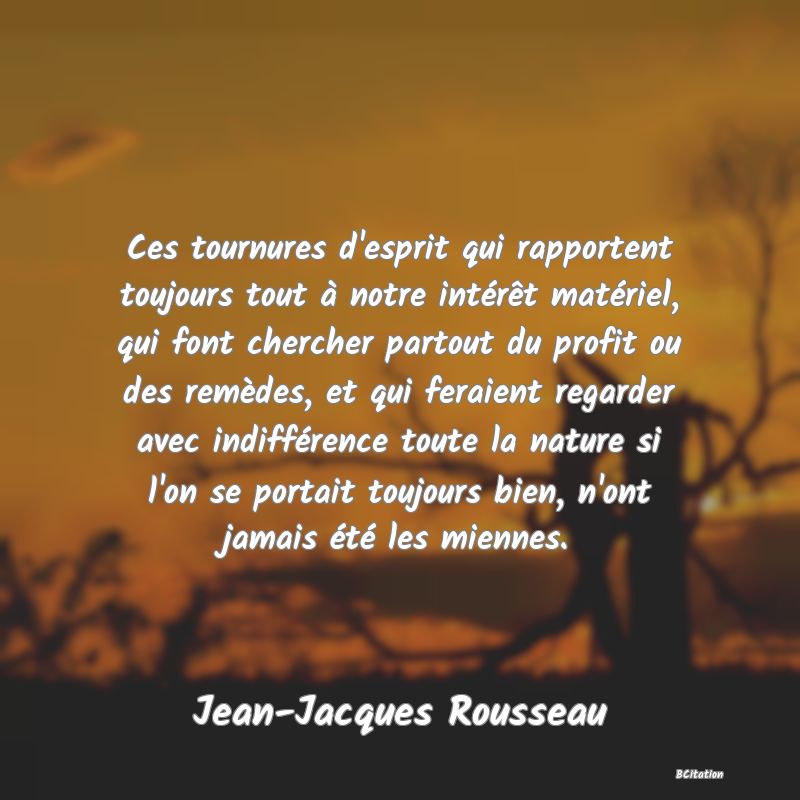 image de citation: Ces tournures d'esprit qui rapportent toujours tout à notre intérêt matériel, qui font chercher partout du profit ou des remèdes, et qui feraient regarder avec indifférence toute la nature si l'on se portait toujours bien, n'ont jamais été les miennes.