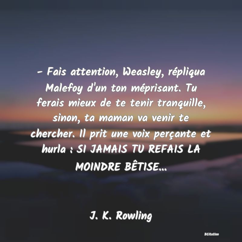 image de citation: - Fais attention, Weasley, répliqua Malefoy d'un ton méprisant. Tu ferais mieux de te tenir tranquille, sinon, ta maman va venir te chercher. Il prit une voix perçante et hurla : SI JAMAIS TU REFAIS LA MOINDRE BÊTISE...