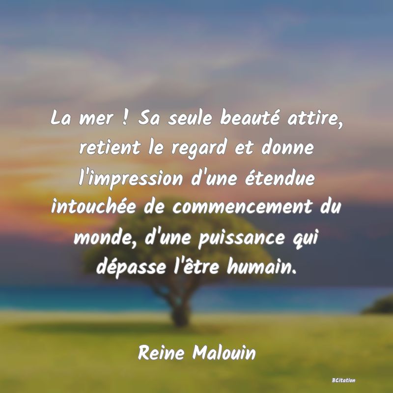 image de citation: La mer ! Sa seule beauté attire, retient le regard et donne l'impression d'une étendue intouchée de commencement du monde, d'une puissance qui dépasse l'être humain.