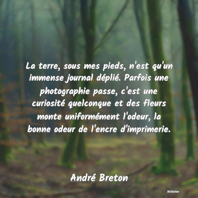 Belle Citation - La terre, sous mes pieds, n'est qu'un immense journal déplié. Parfois une photographie passe, c'est une curiosité quelconque et des fleurs monte uniformément l'odeur, la bonne odeur de l'encre d'imprimerie. - André Breton