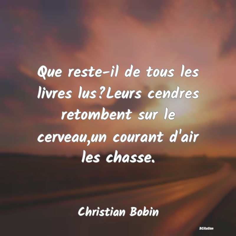 image de citation: Que reste-il de tous les livres lus?Leurs cendres retombent sur le cerveau,un courant d'air les chasse.