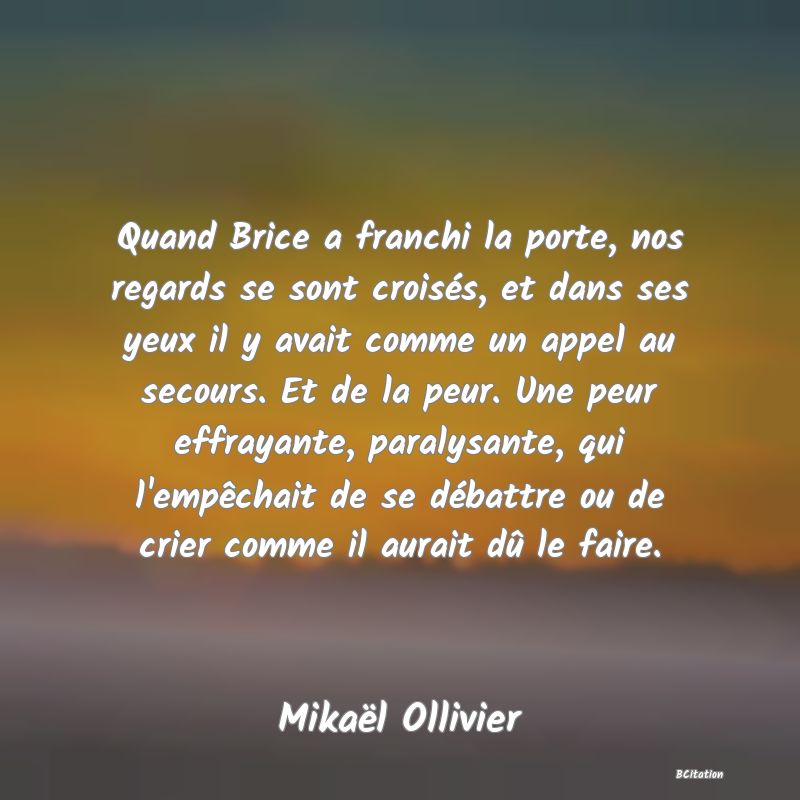 image de citation: Quand Brice a franchi la porte, nos regards se sont croisés, et dans ses yeux il y avait comme un appel au secours. Et de la peur. Une peur effrayante, paralysante, qui l'empêchait de se débattre ou de crier comme il aurait dû le faire.