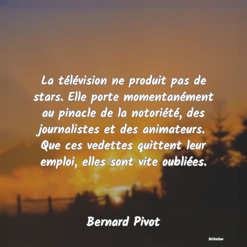Belle Citation - La télévision ne produit pas de stars. Elle porte momentanément au pinacle de la notoriété, des journalistes et des animateurs. Que ces vedettes quittent leur emploi, elles sont vite oubliées. - Bernard Pivot