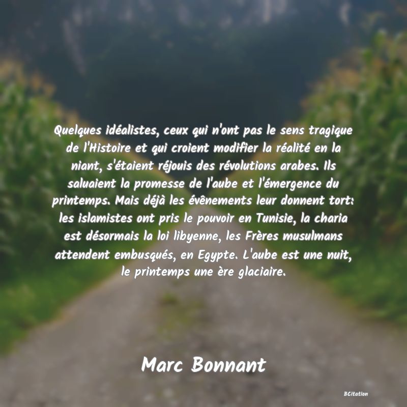 image de citation: Quelques idéalistes, ceux qui n'ont pas le sens tragique de l'Histoire et qui croient modifier la réalité en la niant, s'étaient réjouis des révolutions arabes. Ils saluaient la promesse de l'aube et l'émergence du printemps. Mais déjà les évênements leur donnent tort: les islamistes ont pris le pouvoir en Tunisie, la charia est désormais la loi libyenne, les Frères musulmans attendent embusqués, en Egypte. L'aube est une nuit, le printemps une ère glaciaire.