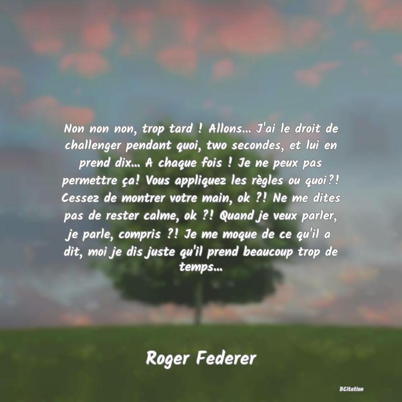 image de citation: Non non non, trop tard ! Allons... J'ai le droit de challenger pendant quoi, two secondes, et lui en prend dix... A chaque fois ! Je ne peux pas permettre ça! Vous appliquez les règles ou quoi?! Cessez de montrer votre main, ok ?! Ne me dites pas de rester calme, ok ?! Quand je veux parler, je parle, compris ?! Je me moque de ce qu'il a dit, moi je dis juste qu'il prend beaucoup trop de temps...