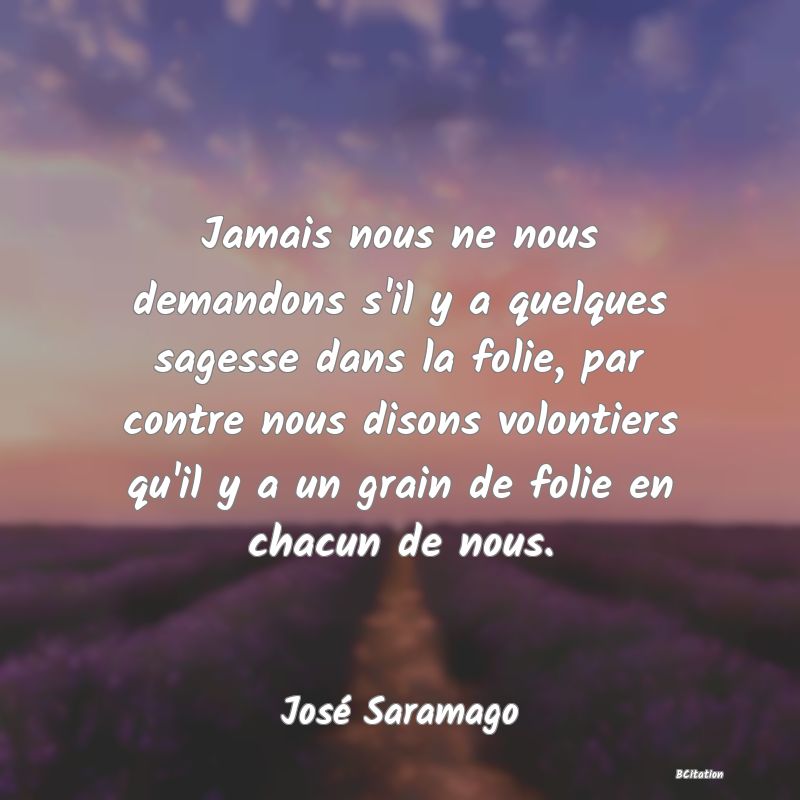 image de citation: Jamais nous ne nous demandons s'il y a quelques sagesse dans la folie, par contre nous disons volontiers qu'il y a un grain de folie en chacun de nous.