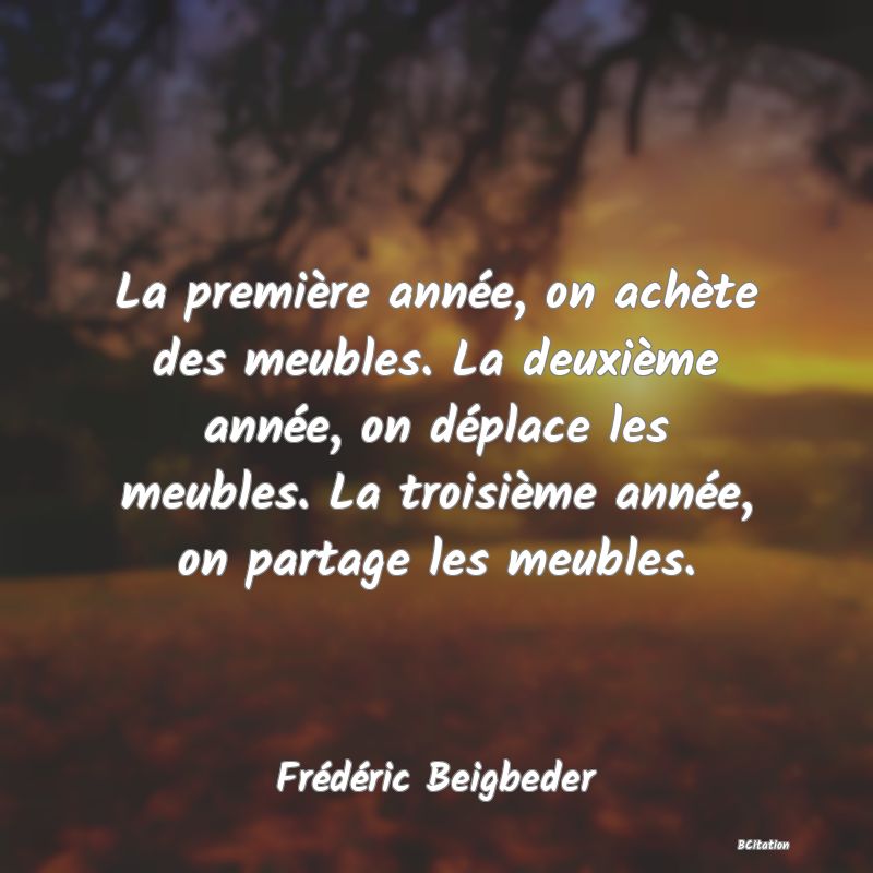 image de citation: La première année, on achète des meubles. La deuxième année, on déplace les meubles. La troisième année, on partage les meubles.