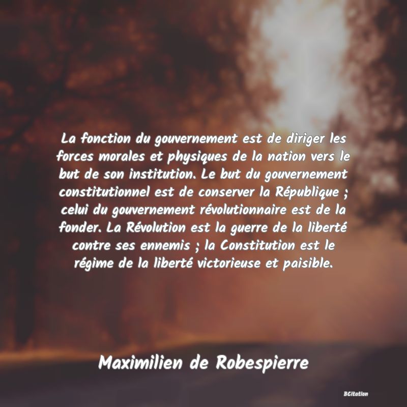 image de citation: La fonction du gouvernement est de diriger les forces morales et physiques de la nation vers le but de son institution. Le but du gouvernement constitutionnel est de conserver la République ; celui du gouvernement révolutionnaire est de la fonder. La Révolution est la guerre de la liberté contre ses ennemis ; la Constitution est le régime de la liberté victorieuse et paisible.