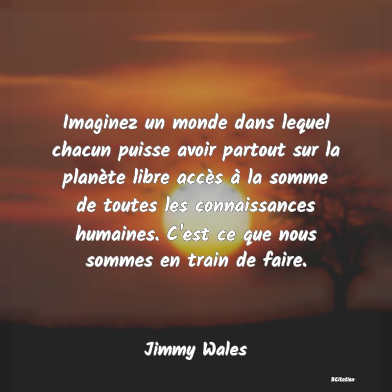 image de citation: Imaginez un monde dans lequel chacun puisse avoir partout sur la planète libre accès à la somme de toutes les connaissances humaines. C'est ce que nous sommes en train de faire.