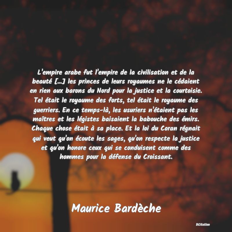 image de citation: L'empire arabe fut l'empire de la civilisation et de la beauté [...] les princes de leurs royaumes ne le cédaient en rien aux barons du Nord pour la justice et la courtoisie. Tel était le royaume des forts, tel était le royaume des guerriers. En ce temps-là, les usuriers n'étaient pas les maîtres et les légistes baisaient la babouche des émirs. Chaque chose était à sa place. Et la loi du Coran régnait qui veut qu'on écoute les sages, qu'on respecte la justice et qu'on honore ceux qui se conduisent comme des hommes pour la défense du Croissant.