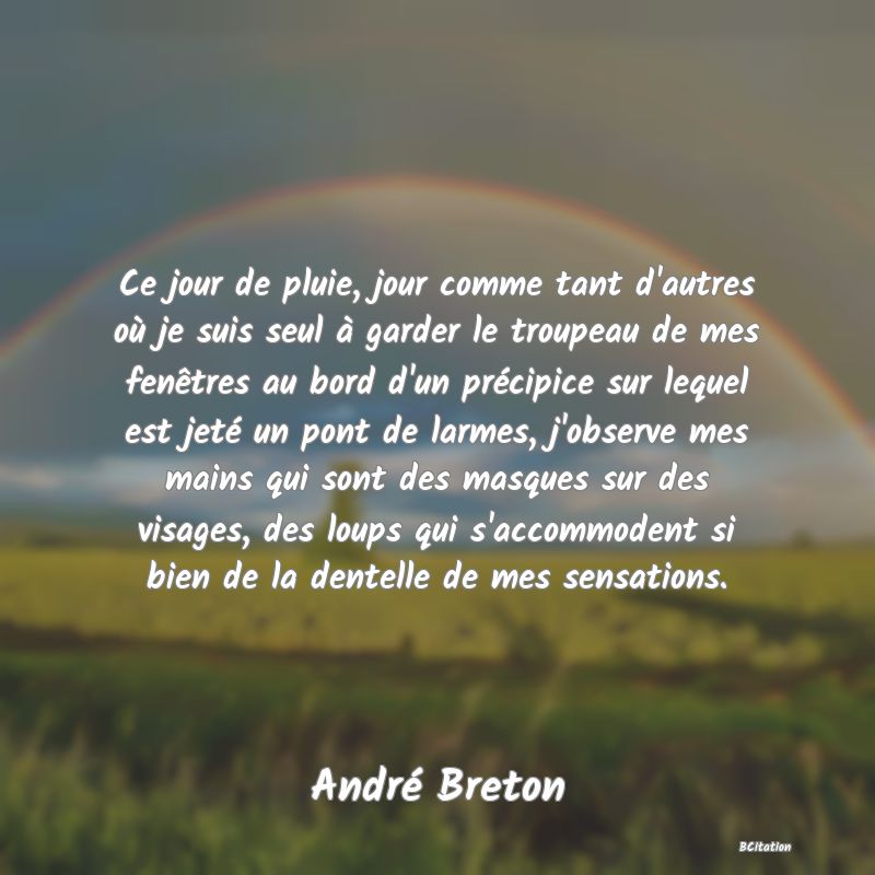 image de citation: Ce jour de pluie, jour comme tant d'autres où je suis seul à garder le troupeau de mes fenêtres au bord d'un précipice sur lequel est jeté un pont de larmes, j'observe mes mains qui sont des masques sur des visages, des loups qui s'accommodent si bien de la dentelle de mes sensations.