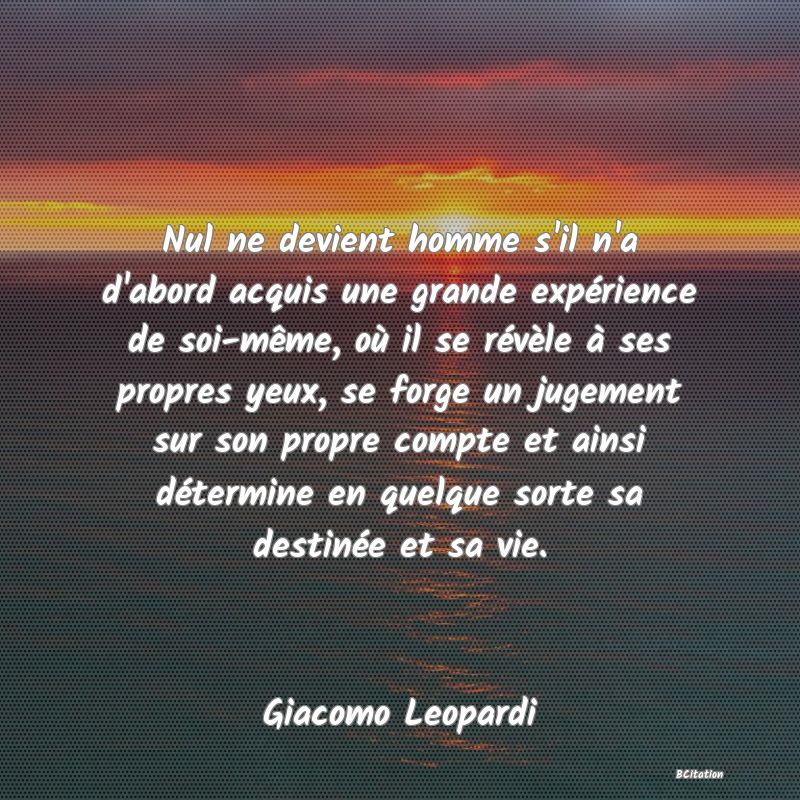 image de citation: Nul ne devient homme s'il n'a d'abord acquis une grande expérience de soi-même, où il se révèle à ses propres yeux, se forge un jugement sur son propre compte et ainsi détermine en quelque sorte sa destinée et sa vie.