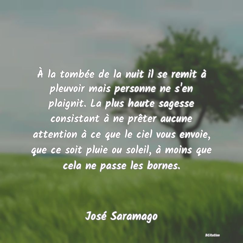 Belle Citation - À la tombée de la nuit il se remit à pleuvoir mais personne ne s'en plaignit. La plus haute sagesse consistant à ne prêter aucune attention à ce que le ciel vous envoie, que ce soit pluie ou soleil, à moins que cela ne passe les bornes. - José Saramago