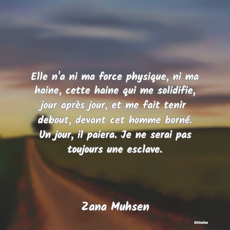 image de citation: Elle n'a ni ma force physique, ni ma haine, cette haine qui me solidifie, jour après jour, et me fait tenir debout, devant cet homme borné. Un jour, il paiera. Je ne serai pas toujours une esclave.