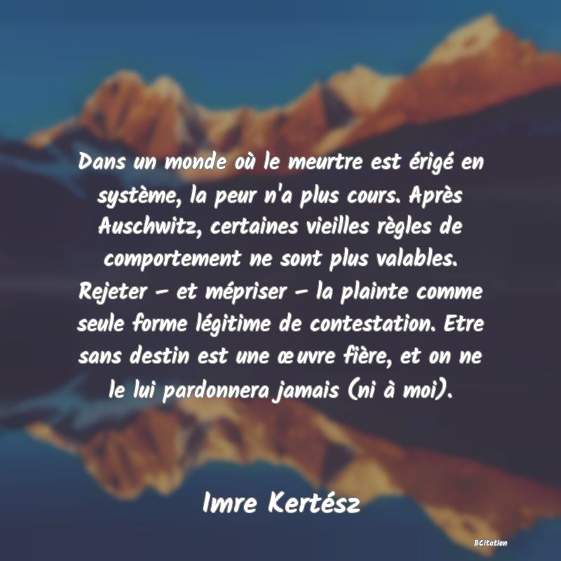 image de citation: Dans un monde où le meurtre est érigé en système, la peur n'a plus cours. Après Auschwitz, certaines vieilles règles de comportement ne sont plus valables. Rejeter – et mépriser – la plainte comme seule forme légitime de contestation. Etre sans destin est une œuvre fière, et on ne le lui pardonnera jamais (ni à moi).