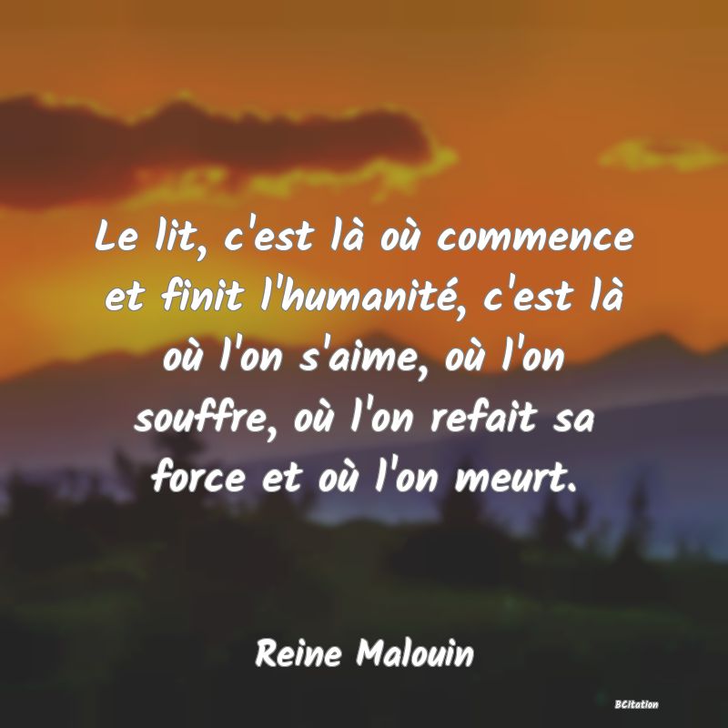 image de citation: Le lit, c'est là où commence et finit l'humanité, c'est là où l'on s'aime, où l'on souffre, où l'on refait sa force et où l'on meurt.