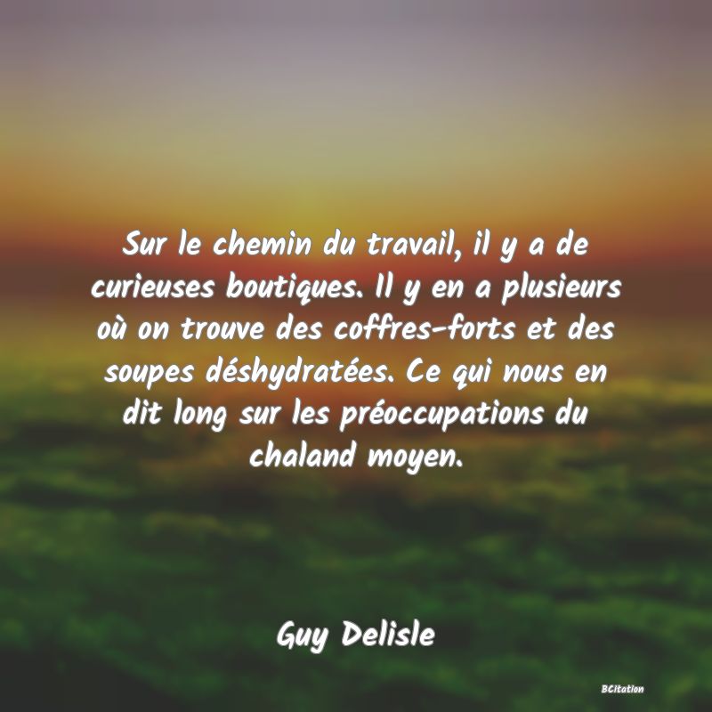 image de citation: Sur le chemin du travail, il y a de curieuses boutiques. Il y en a plusieurs où on trouve des coffres-forts et des soupes déshydratées. Ce qui nous en dit long sur les préoccupations du chaland moyen.