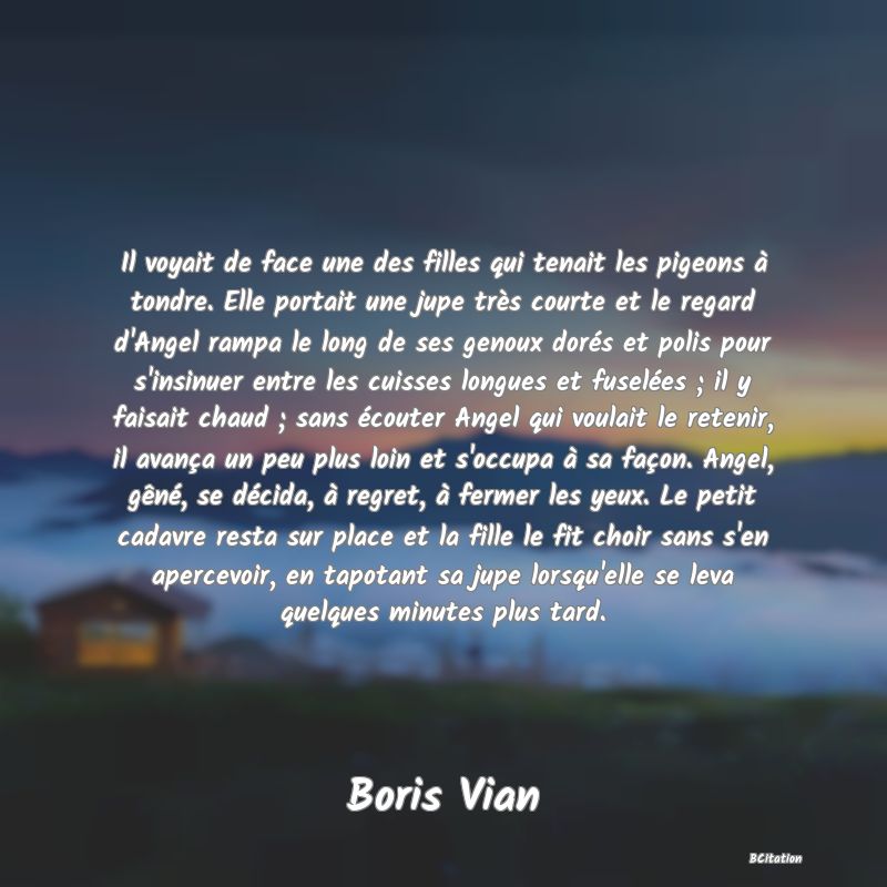 image de citation: Il voyait de face une des filles qui tenait les pigeons à tondre. Elle portait une jupe très courte et le regard d'Angel rampa le long de ses genoux dorés et polis pour s'insinuer entre les cuisses longues et fuselées ; il y faisait chaud ; sans écouter Angel qui voulait le retenir, il avança un peu plus loin et s'occupa à sa façon. Angel, gêné, se décida, à regret, à fermer les yeux. Le petit cadavre resta sur place et la fille le fit choir sans s'en apercevoir, en tapotant sa jupe lorsqu'elle se leva quelques minutes plus tard.