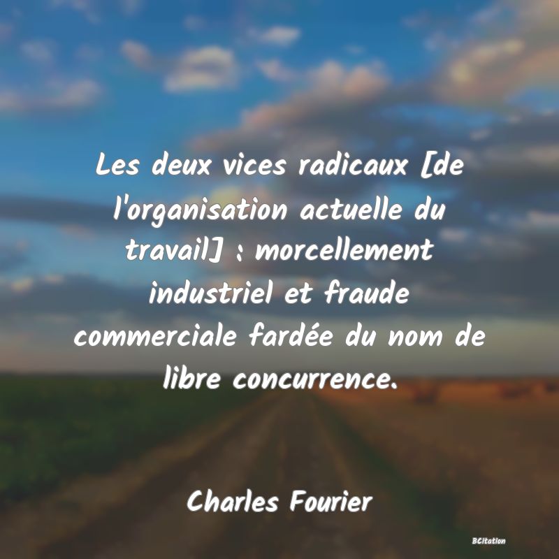 image de citation: Les deux vices radicaux [de l'organisation actuelle du travail] : morcellement industriel et fraude commerciale fardée du nom de libre concurrence.