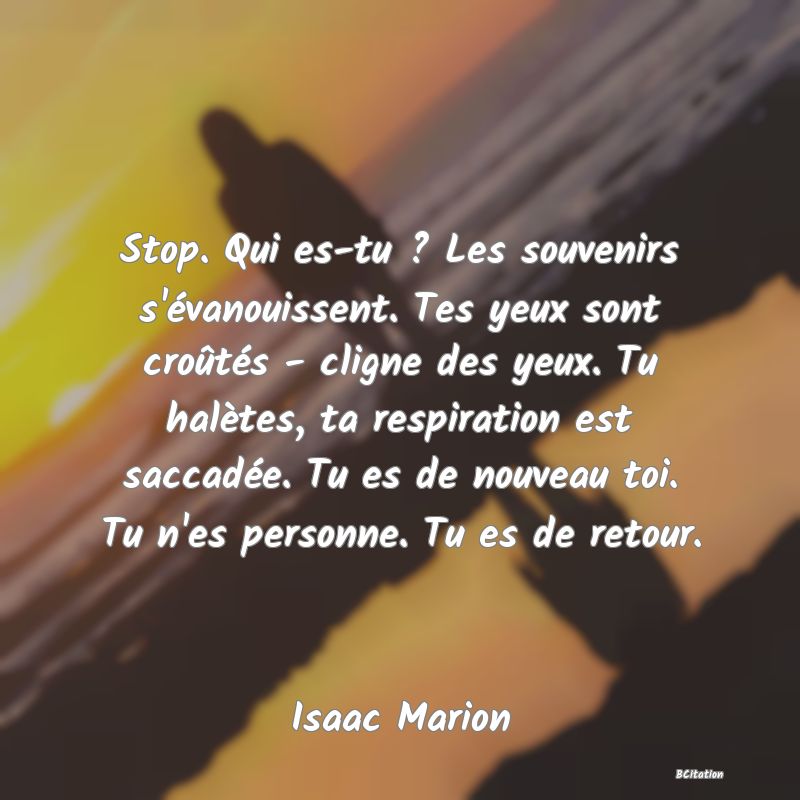 image de citation: Stop. Qui es-tu ? Les souvenirs s'évanouissent. Tes yeux sont croûtés - cligne des yeux. Tu halètes, ta respiration est saccadée. Tu es de nouveau toi. Tu n'es personne. Tu es de retour.