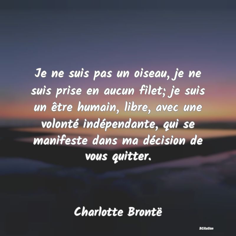 image de citation: Je ne suis pas un oiseau, je ne suis prise en aucun filet; je suis un être humain, libre, avec une volonté indépendante, qui se manifeste dans ma décision de vous quitter.